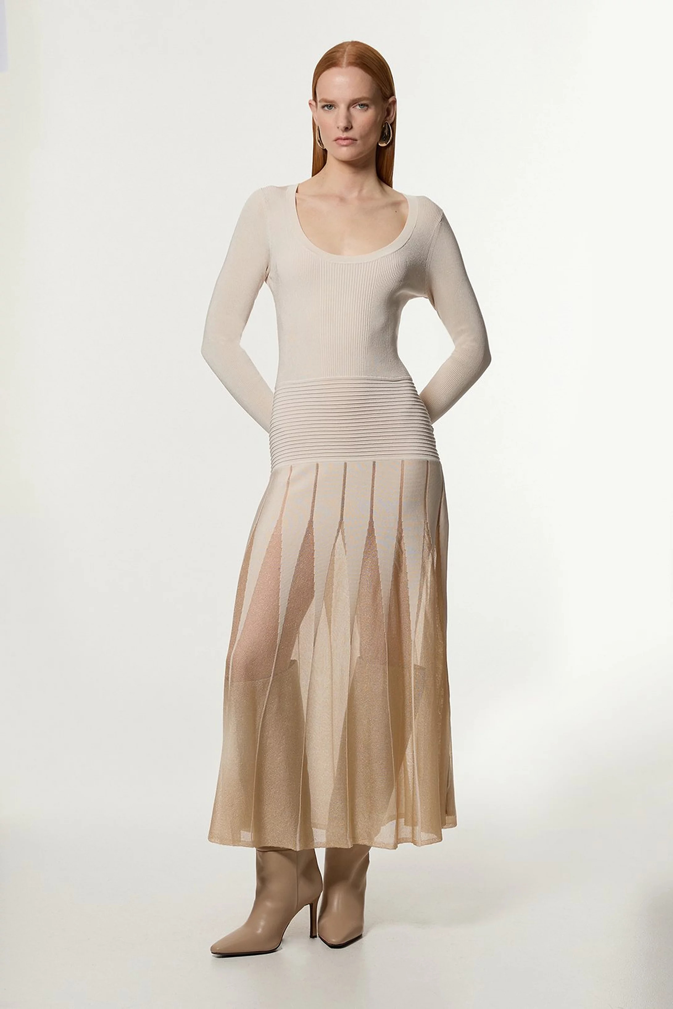 Petite Slinky Knit Scooped Neck Sheer Detail Maxi Dress | Karen Millen | Karen Millen US
