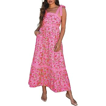 Womens Maxi Dress Spring Summer Sleeveless Lace Strap Empire Waist A Line Side Pockets Beach Casu... | Amazon (US)