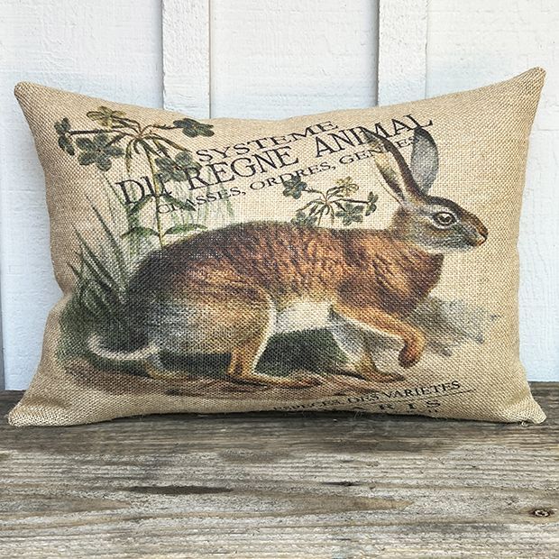 Sitting Rabbit Burlap Lumbar Pillow | Antique Farm House