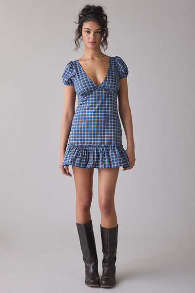 Motel Marika Gingham Puff Sleeve Mini Dress | Urban Outfitters (US and RoW)