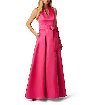 Taffeta Mikado V-Neck Sleeveless Tie Front Gown | Dillard's