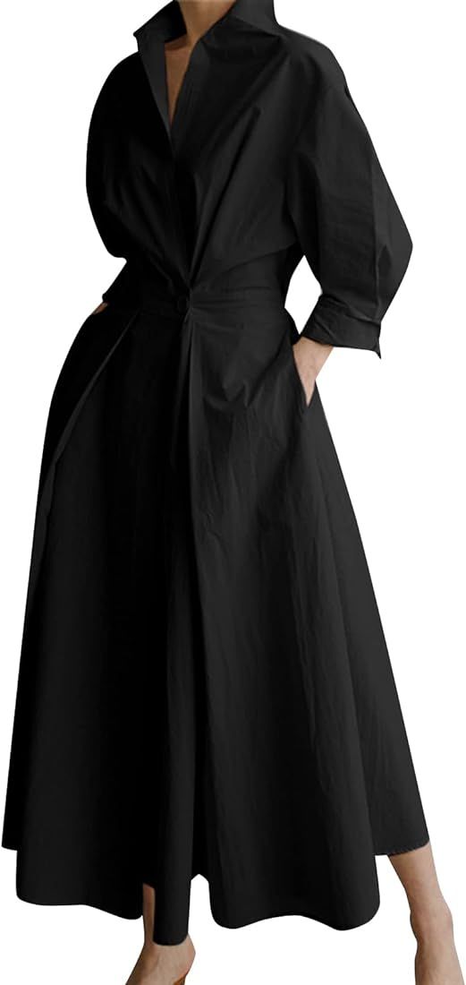 ZANZEA Women's V Neck Maxi Dress Long Sleeve Wrap Casual Elegant Pleated Solid Dresses | Amazon (US)