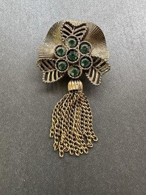 Vintage Brooch Dark Gold Tone Metal, Bronze Green Rhinestone Chain Tassel Pin | eBay US