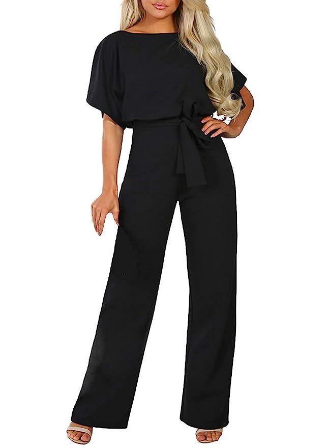 Happy Sailed Women Casual Loose Short Sleeve Belted Wide Leg Pant Romper Jumpsuits S-XL | Amazon (US)