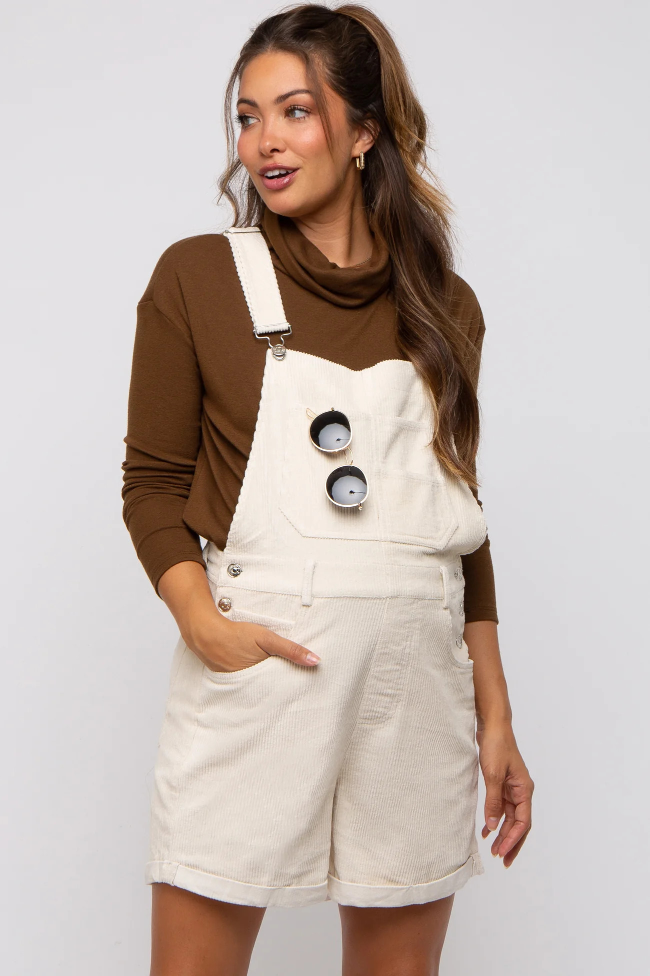 Cream Corduroy Maternity Short Overalls | PinkBlush Maternity