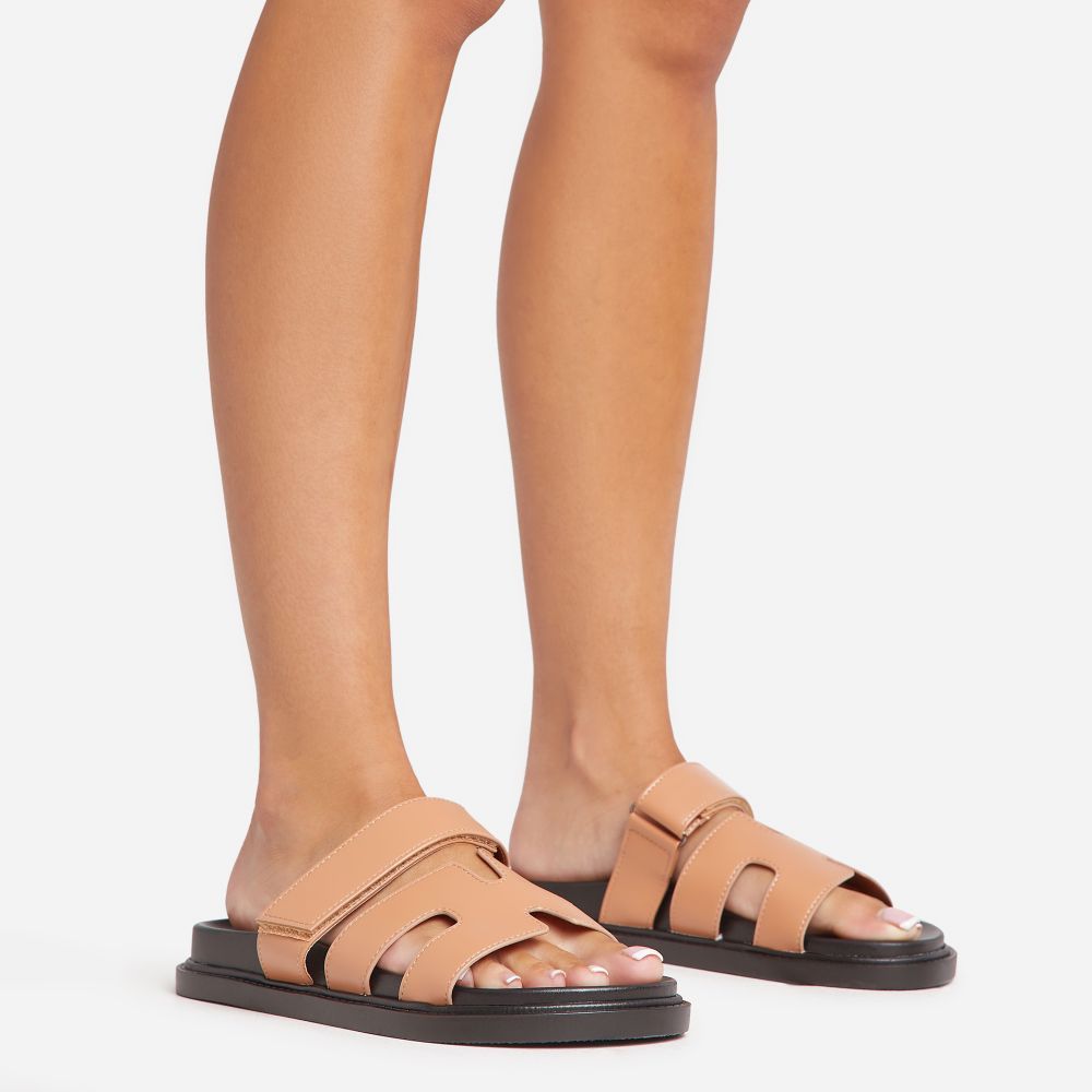 Valerie Gladiator Velcro Strap Flat Slider Sandal In Tan Brown Faux Leather | Ego Shoes (UK)