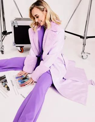 ASOS LUXE vinyl trench coat with faux fur trim in lilac | ASOS (Global)