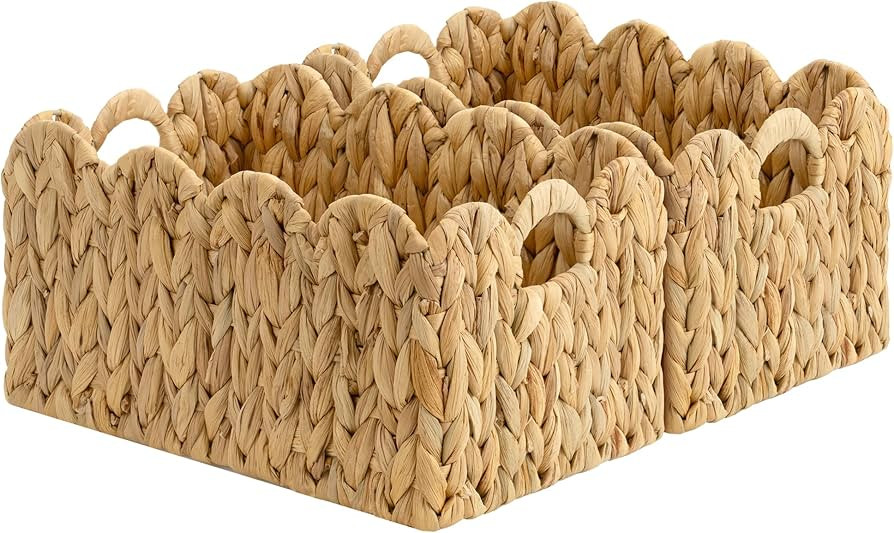StorageWorks Scalloped Water Hyacinth Baskets, Hand-woven Rattan Baskets with Built-in Handles, C... | Amazon (US)