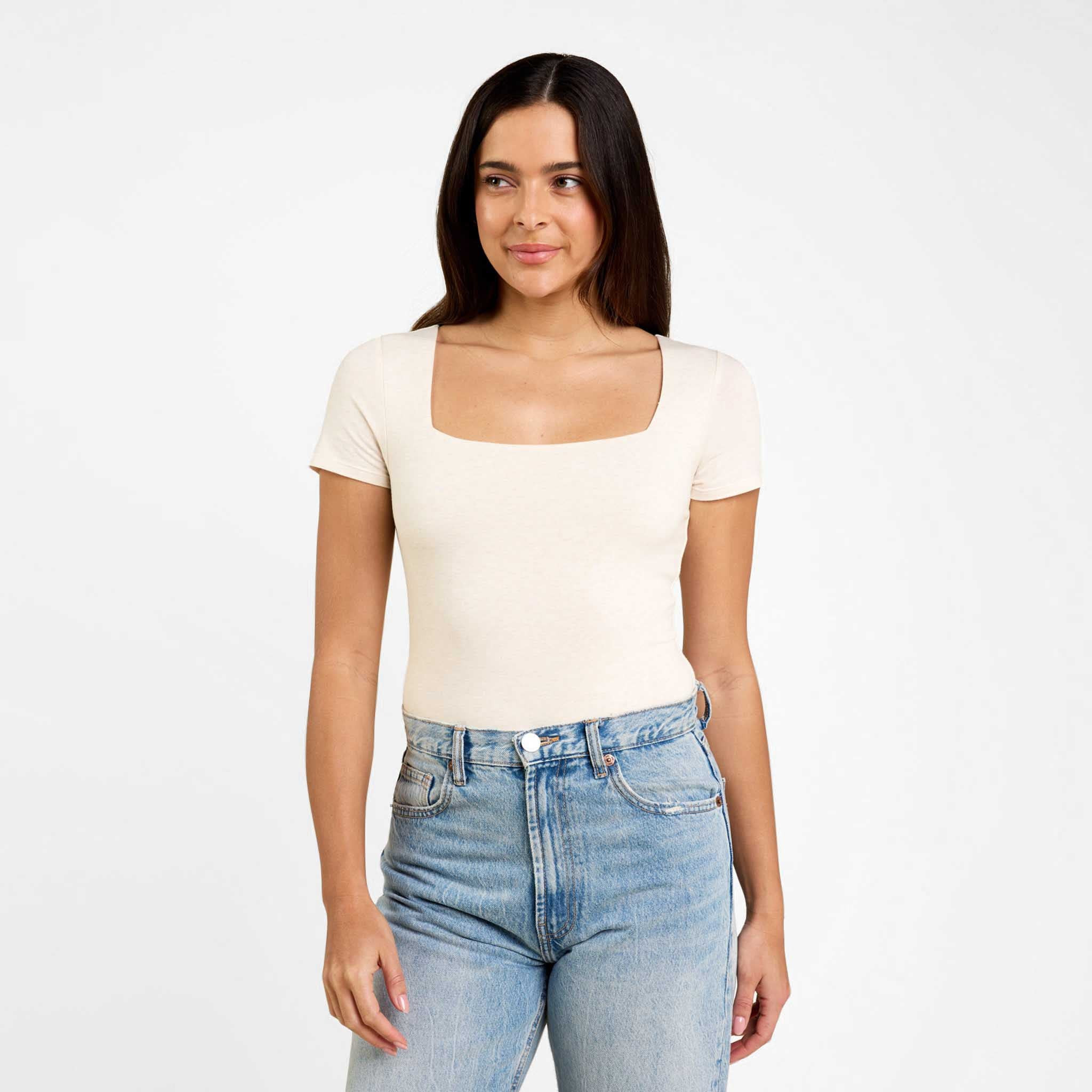 Cotton Stretch Short Sleeve Square Neck Bodysuit | Heather Bone | Nuuds US