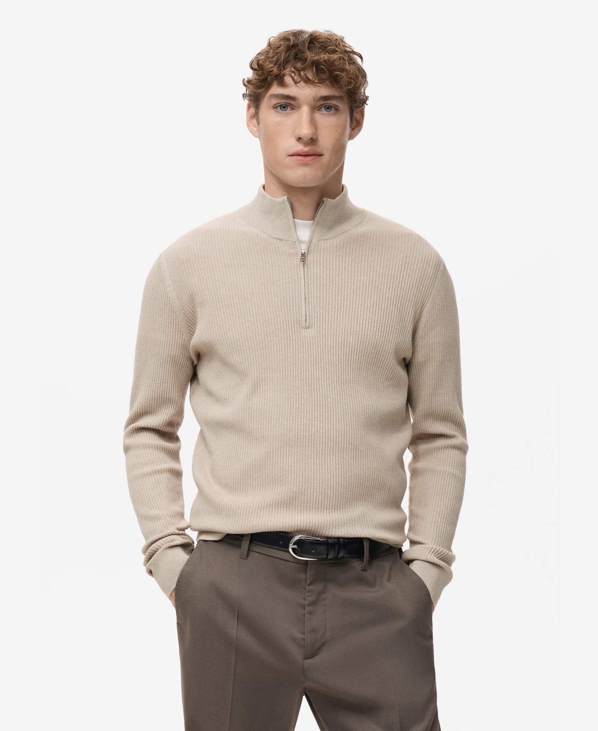 Mango Men's Zip Neck Ribbed Sweater - Beige | Macy's
