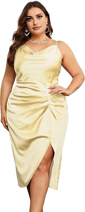 KIMCURVY Women's Plus Size Maxi Satin Spaghetti Strap Cowl Neck Party Cami Ruched Dress for Wedin... | Amazon (US)