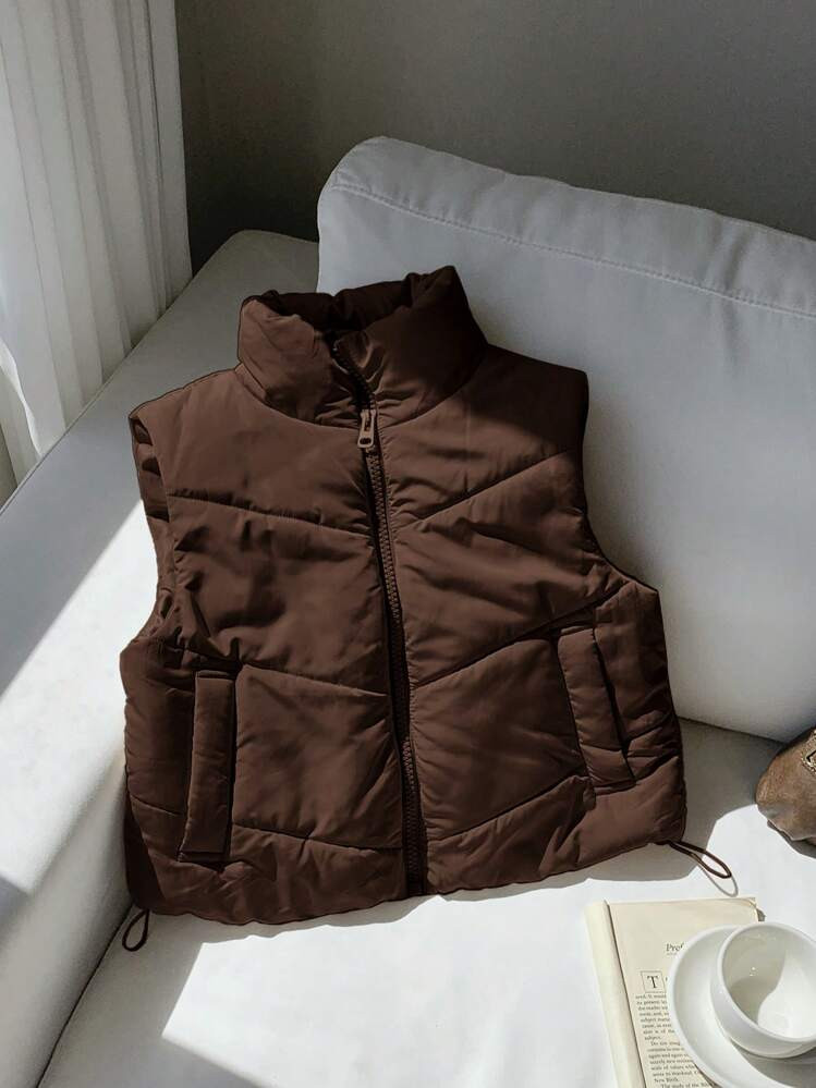 Comfortcana Colete Acolchoado Curto De Cor Sólida Casual Feminino, Outono/Inverno | SHEIN