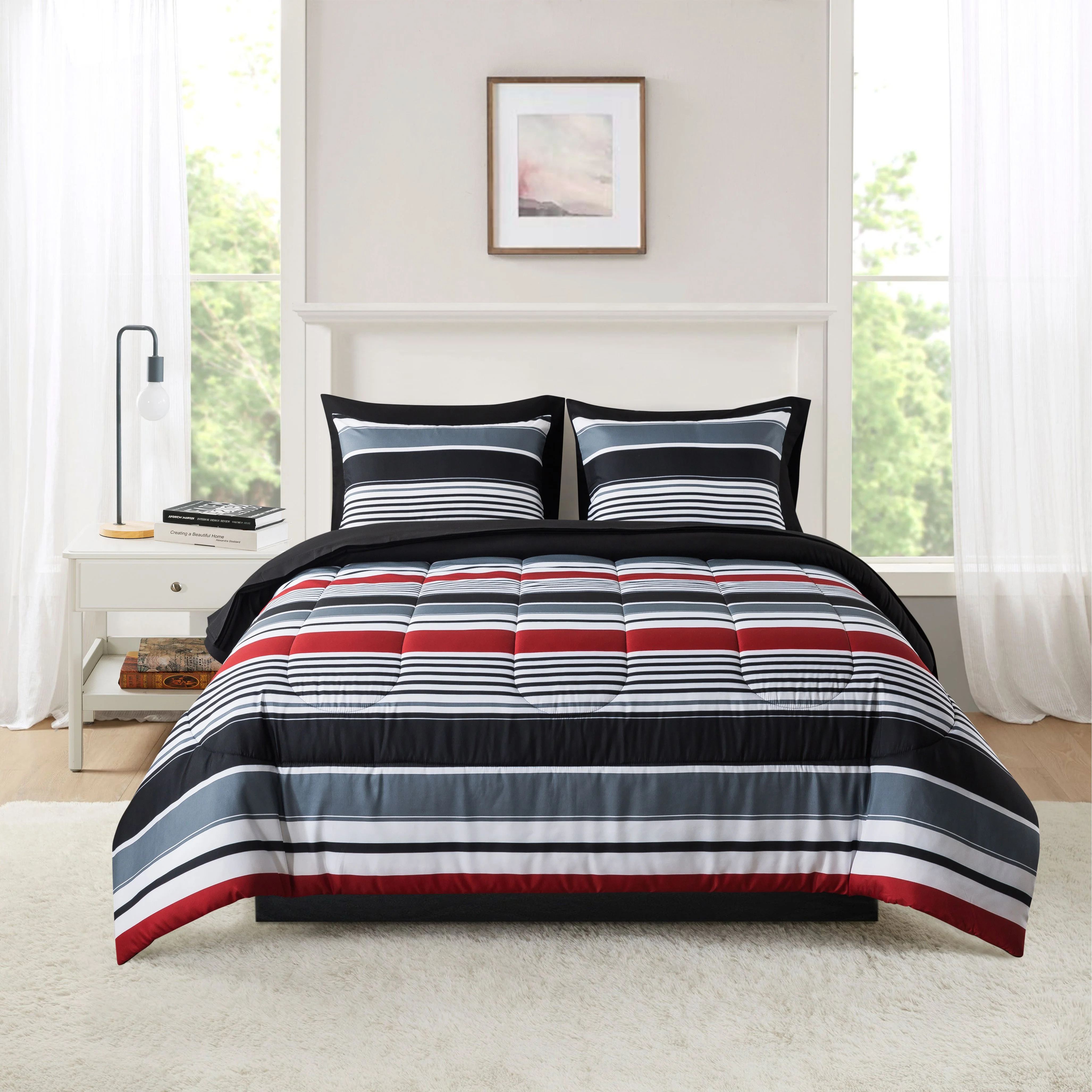 Mainstays 7 Piece Reversible Bed in a Bag Comforter Set with Sheets, Red Stripe, Queen | Walmart (US)