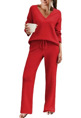 Ekouaer Womens Pajamas Winter Soft Fluffy Pajama Set Fuzzy Warm Pjs Flannel 2 Piece Plush Sleepwear Lounge Sets Red,Medium | Amazon (US)