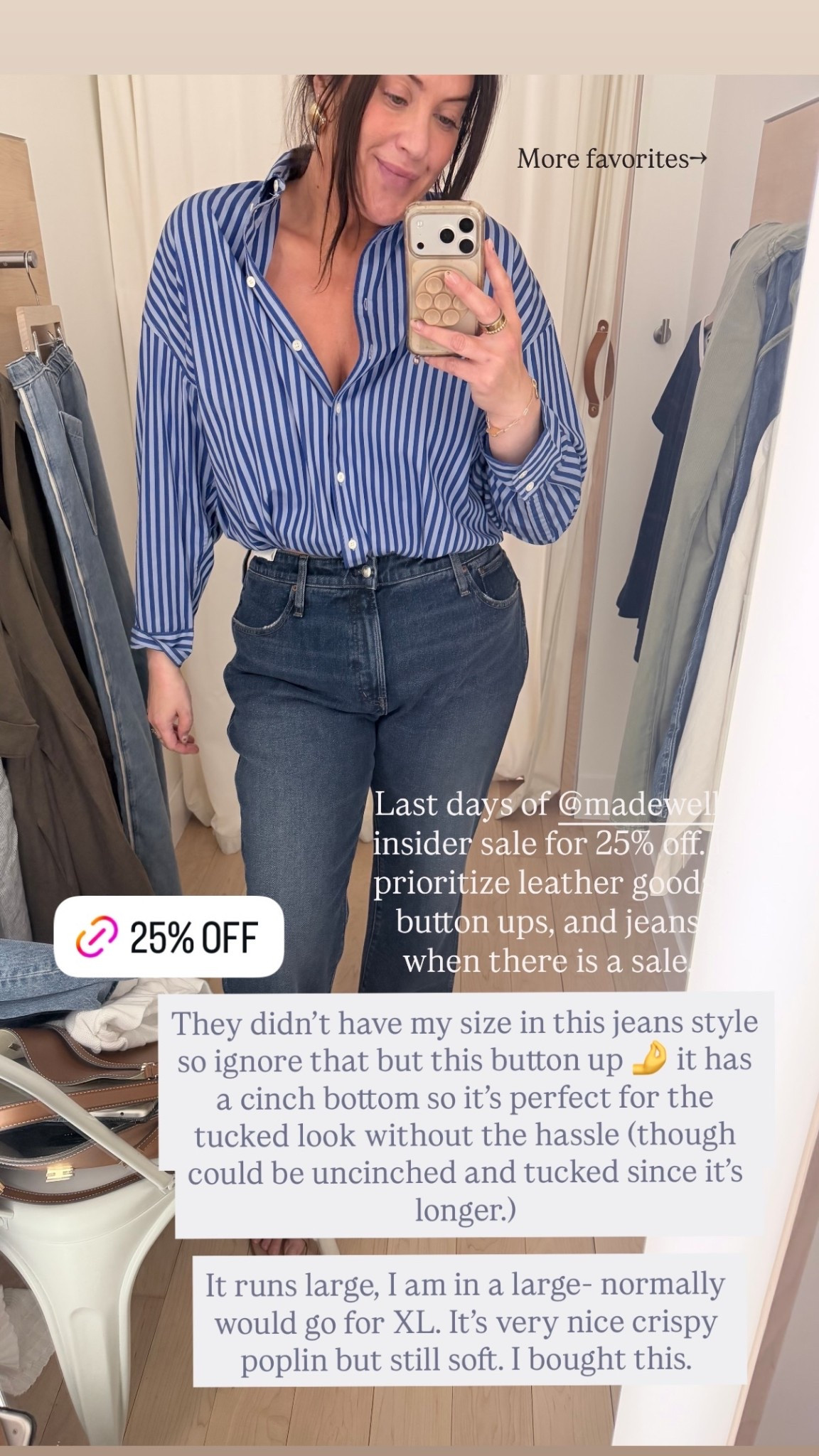 Last days of @madewell insider sale for 25% off. I prioritize leather goods, button ups, and jeans when there is a sale.  More favorites-> They didn’t have my size in this jeans style so ignore that but this button up 🤌 it has a cinch bottom so it’s perfect for the tucked look without the hassle (though could be uncinched and tucked since it’s longer.) 

It runs large, I am in a large- normally would go for XL. It’s very nice crispy poplin but still soft. I bought this.

#LTKWorkwear #LTKSaleAlert