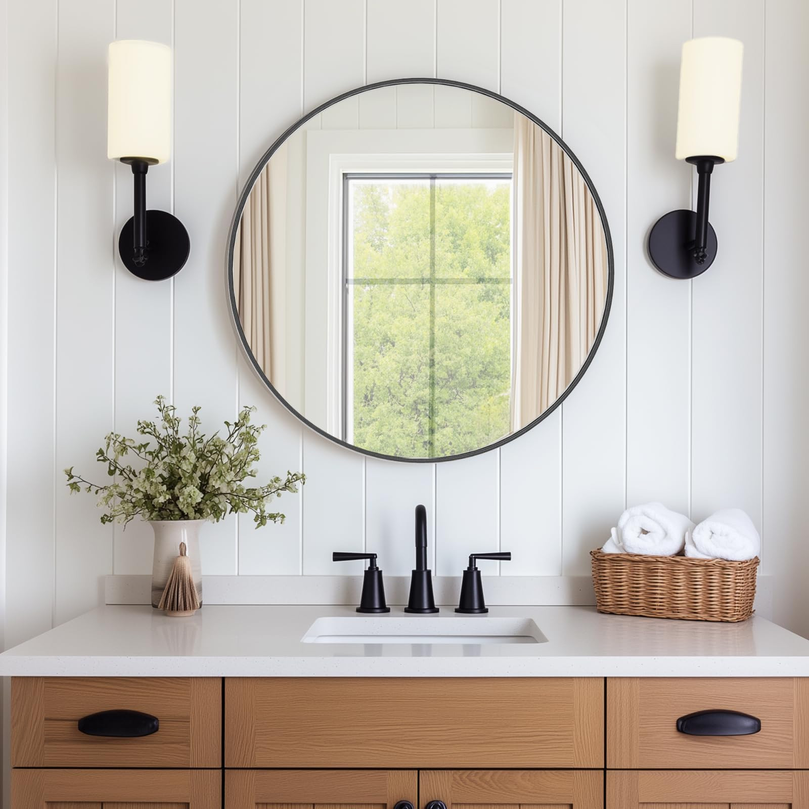 DUMOS Espejo circular negro para pared de 24 pulgadas, espejo redondo de baño para sobre fregade... | Amazon (US)