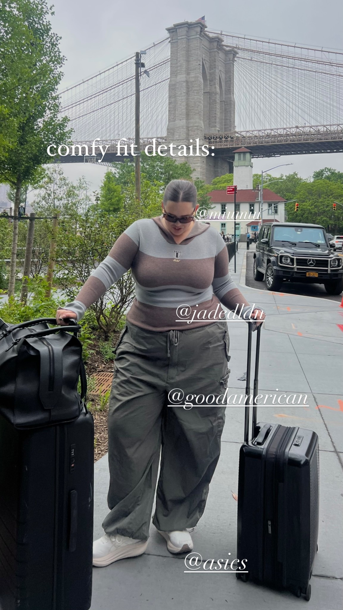 comfy fit details:  @jadedldn  @goodamerican  @asics  @miumiu

Travel outfit, cargo pants, casual outfit, curvy outfit 

#LTKTravel #LTKStyleTip #LTKPlusSize