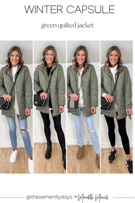 Winter Capsule- green quilted jacket 
It’s 40% off right now with code: FAMILY 

jacket- Small 
Both jeans- 0/25 regular 
Seamless leggings- Small 
faux leather leggings- small short 
Black sweater- large 
Oatmeal sweater- L 
Half zip pullover- S 
cream hoodie- S 

#LTKSeasonal #LTKunder100 #LTKsalealert