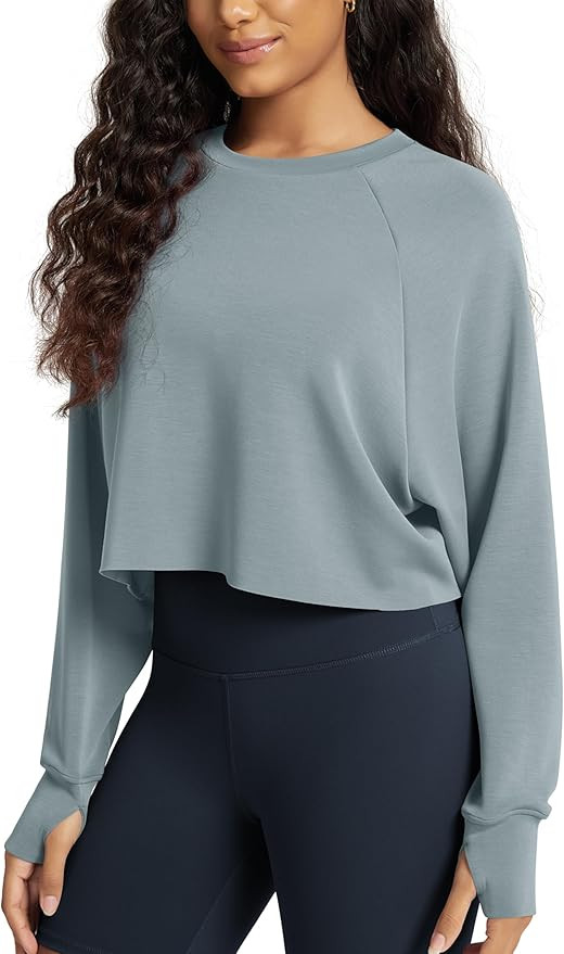 ODODOS Modal Soft Long Sleeve Cropped Sweatshirts with Thumb Hole for Women Crew Neck Pullover Cr... | Amazon (US)