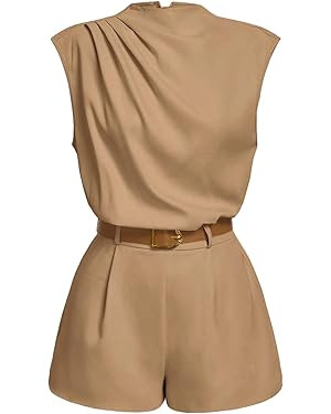 SOLY HUX Women's Summer Ruched Mock Neck Romper Elegant Cap Sleeve Belted Work Short Jumpsuits | Amazon (US)