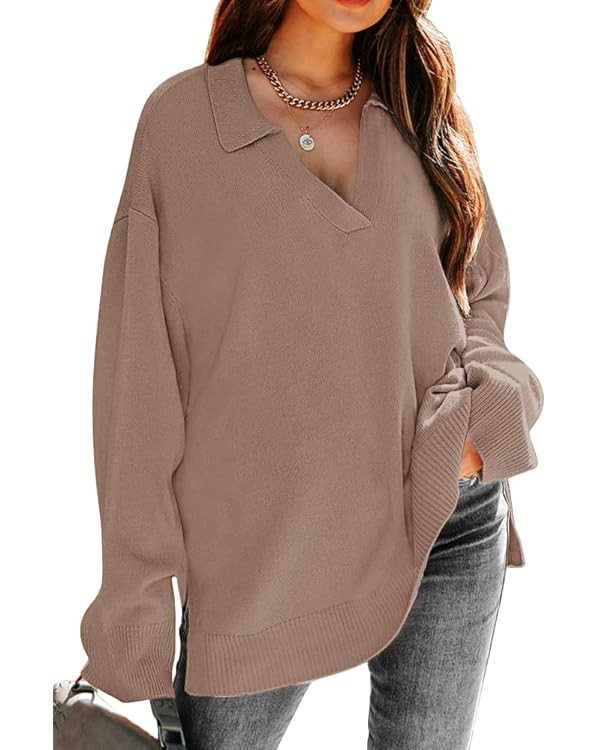 LILLUSORY Womens V Neck Collared Oversized Fall Sweater 2023 Sexy Long Sleeve Knit Pullover Tunic... | Amazon (US)
