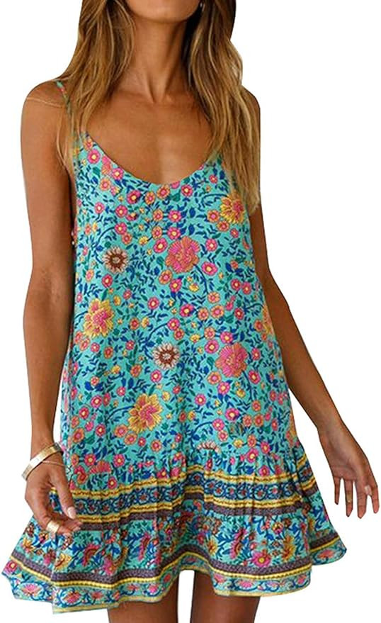 Qearal Womens Sundresses Boho Floral Printed Dress Summer Sleeveless Beach Mini Dress with Pocket... | Amazon (US)