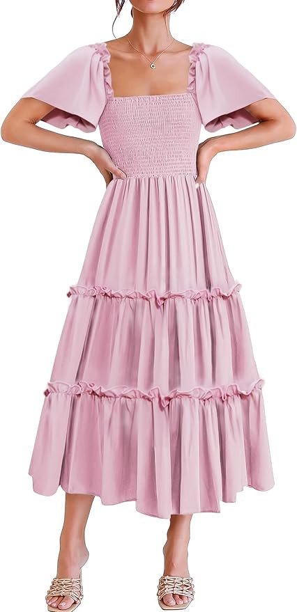 Womens Casual Summer Midi Dress Puffy Short Sleeve Square Neck Smocked Tiered Flowy Dresses 2023 | Amazon (US)