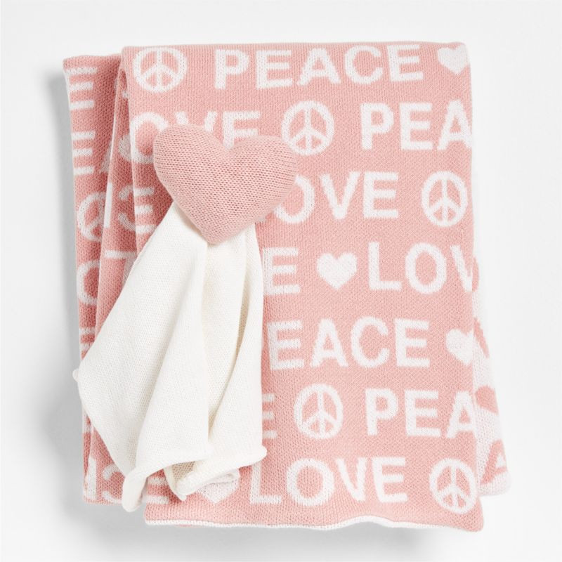 Peace and Love Pink Baby Lovey and Stroller Blanket Set | Crate & Kids | Crate & Barrel