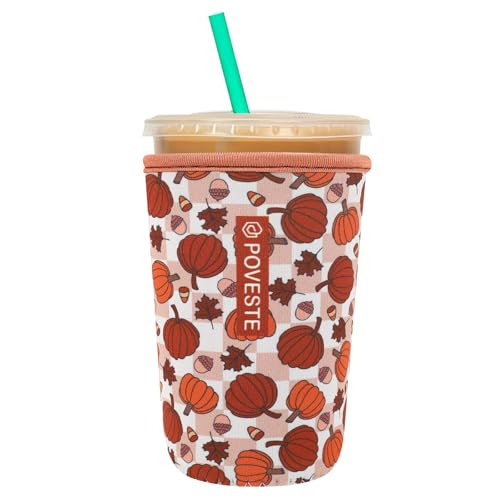 Reusable Neoprene Insulator Sleeve for Iced Coffee & Cold Soda, Coffee Sleeves for Iced & Hot Drinks, Cold Beverage Cooler Compatible with Starbucks, Dunkin (Checkerboard Pumpkin, Medium: 22-24oz) | Amazon (US)