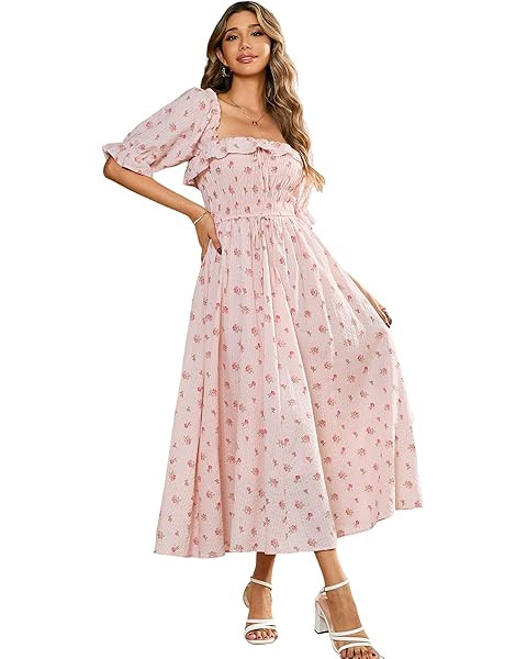 R.Vivimos Womens Summer Floral Print Puff Sleeves Vintage Ruffles Midi Dress | Amazon (US)