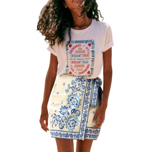 Talakeno Womens Summer Floral Wrap Short Skirt Tie Side High Waist A Line Beach Vacation Boho Mini Skirt(Light Blue, L) | Amazon (US)