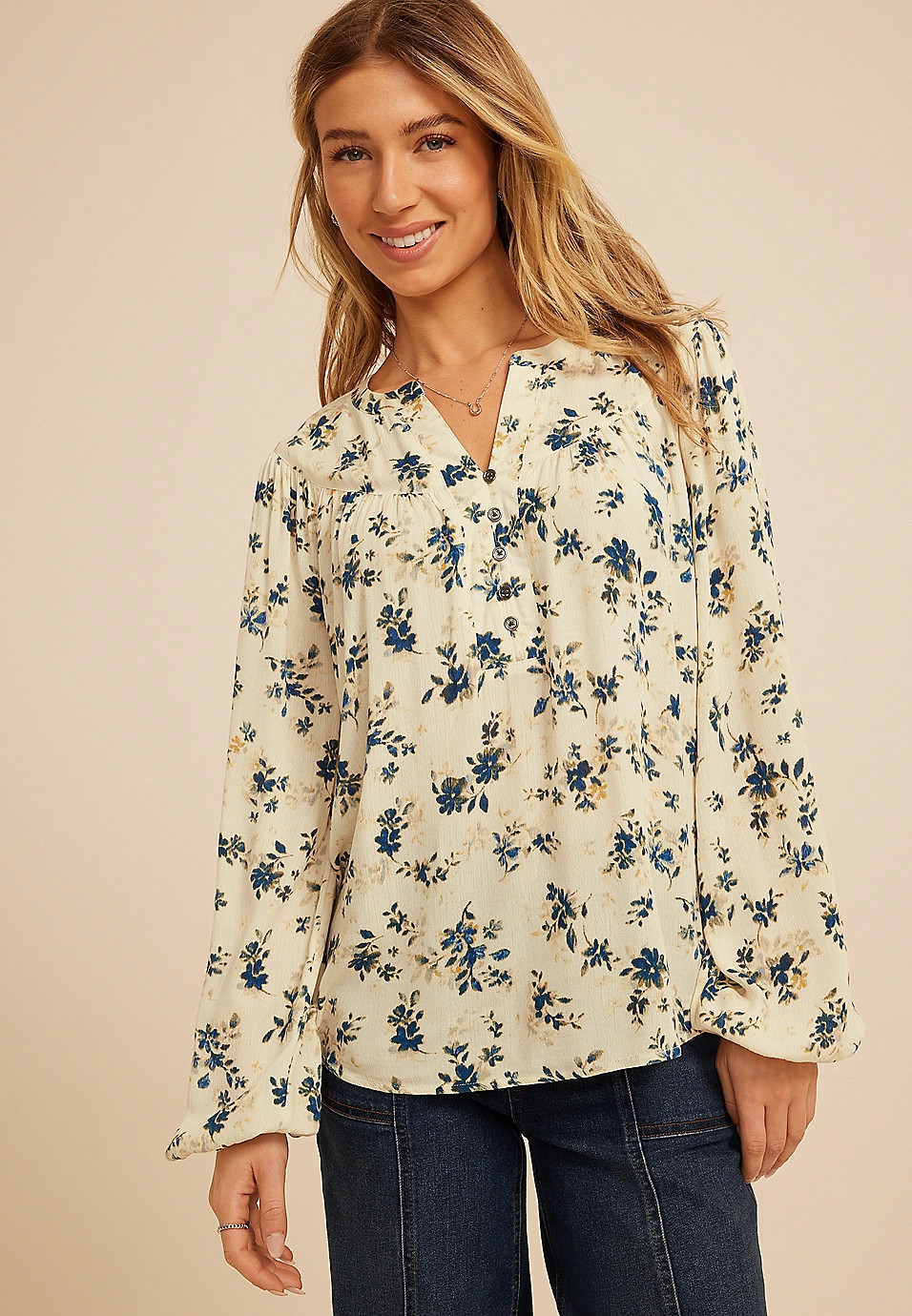 Split Neck Henley Blouse | Maurices