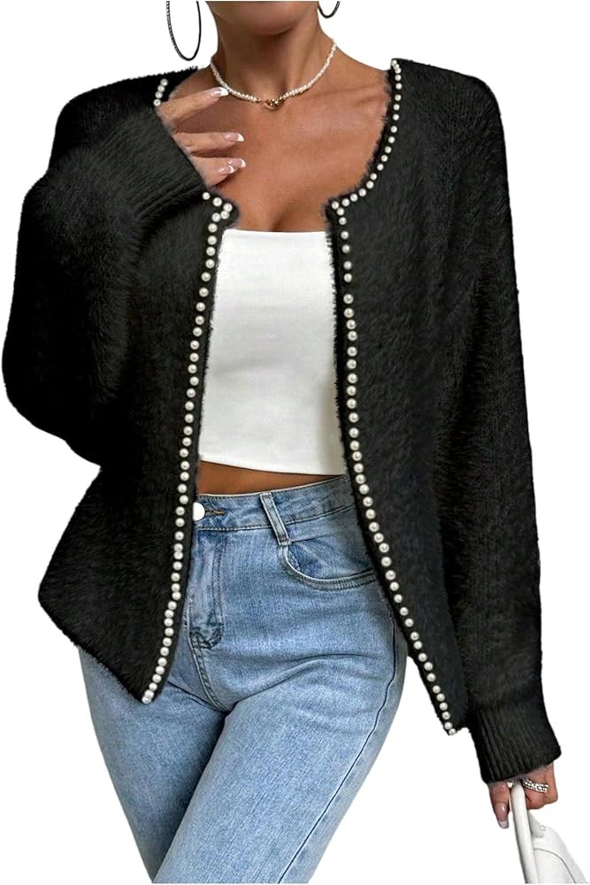 MakeMeChic Women's Faux Fur Pearl Fuzzy Cardigan Sweater Open Front Long Sleeve Outerwear | Amazon (US)