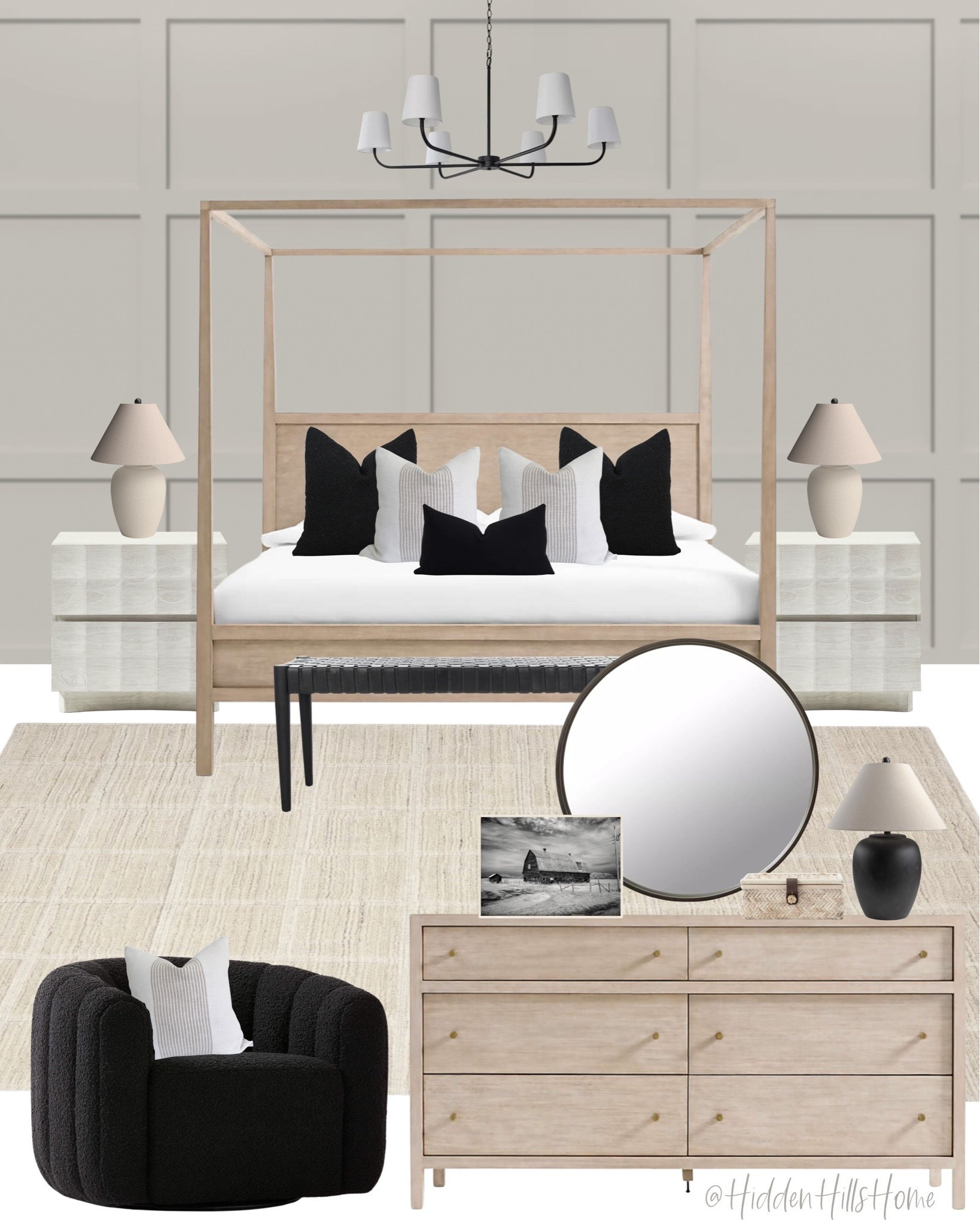 Modern classic bedroom mood board, master bedroom mood board design, canopy bed, neutral bedroom mood board, Paint Color is SW Drift of Mist #bedroom

#LTKHome #LTKSaleAlert