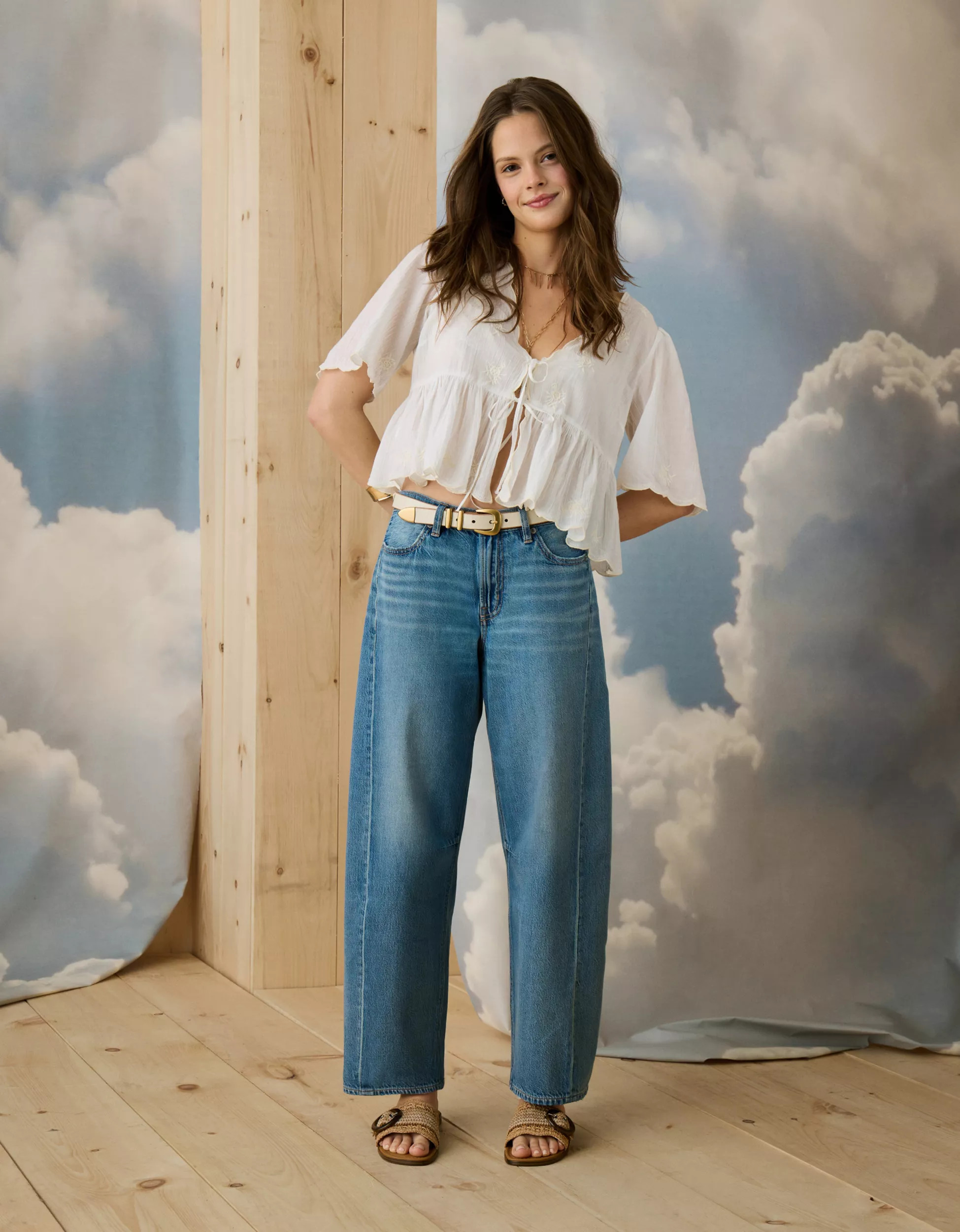 AE Dreamy Drape Strigid Barrel Jean | American Eagle Outfitters (US & CA)