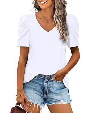 XIEERDUO Womens Summer Shirt V Neck Casual Tshirts Puff Sleeve Tops for Women Solid Color XS-3XL | Amazon (US)