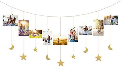 IMIKEYA Hanging Photo Display Wood Star Moon Garland with Chains Picture Frame Collage with 30 Wood  | Amazon (US)