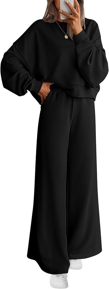 PRETTYGARDEN Women 2 Piece Outfits 2025 Fall Sweatsuits Crewneck Sweatshirt Wide Leg Sweatpants L... | Amazon (US)