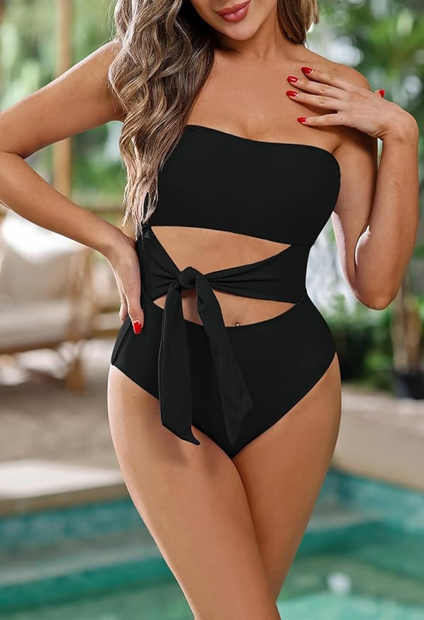 Viottiset Women's Bandeau One Piece Swimsuit Strapless Tie High Cut Out Bathing Suit | Amazon (US)