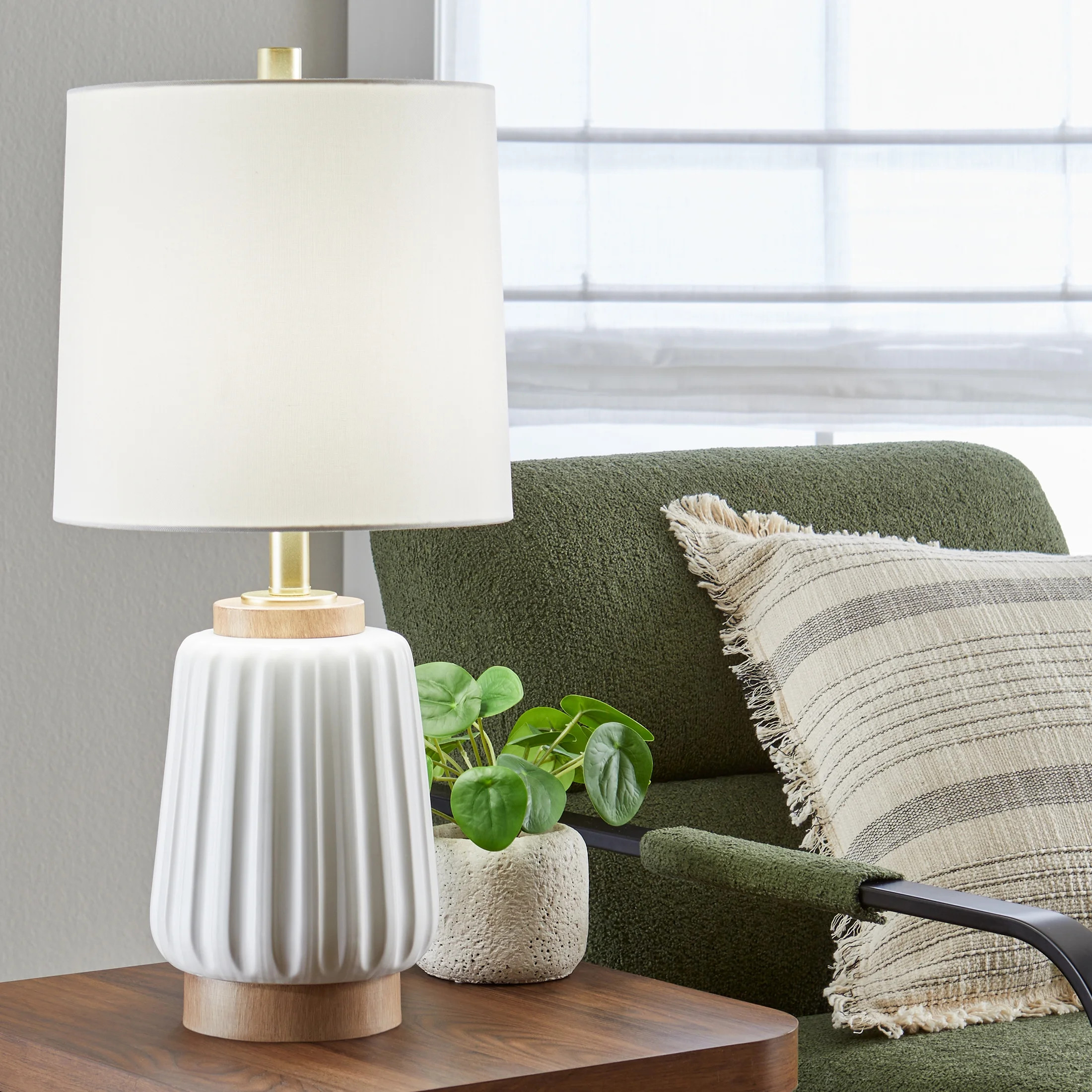 Better Homes & Gardens Ribbed White Ceramic and Wood Table Lamp | Walmart (US)