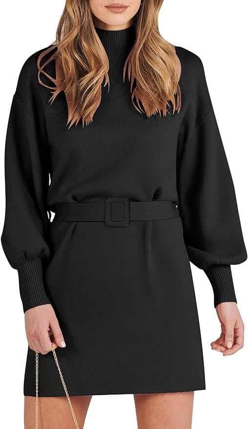 ANRABESS Women's Sweater Dress 2023 Winter Casual Long Sleeve Mock Neck Tie Waist Elegant Knit Mi... | Amazon (US)