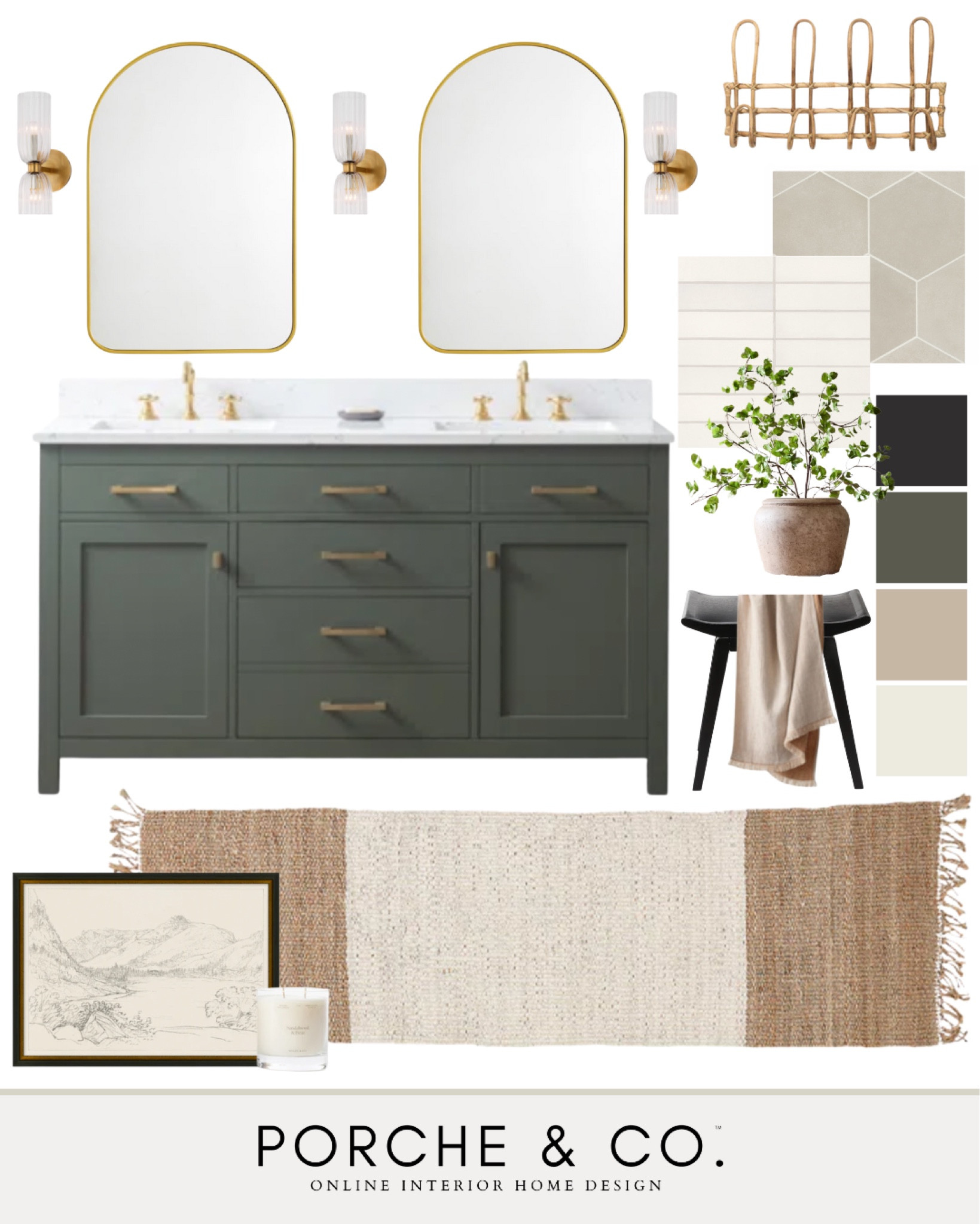 Bathroom mood board, master bathroom, bathroom decor, bathroom inspo, green vanity, runner, bathroom inspo #bathroom #moodboard 

#LTKhome #LTKSeasonal #LTKstyletip