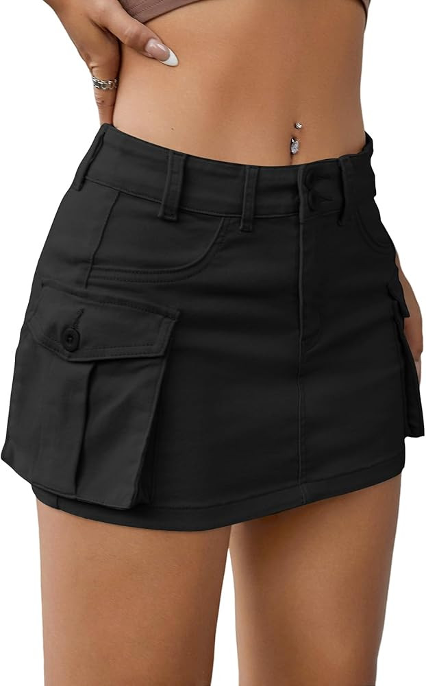 EARKOHA Women's Mini Cargo Skirt Y2K Low Waist Button Short Skirt Bodycon Denim Jean Skirt with F... | Amazon (US)