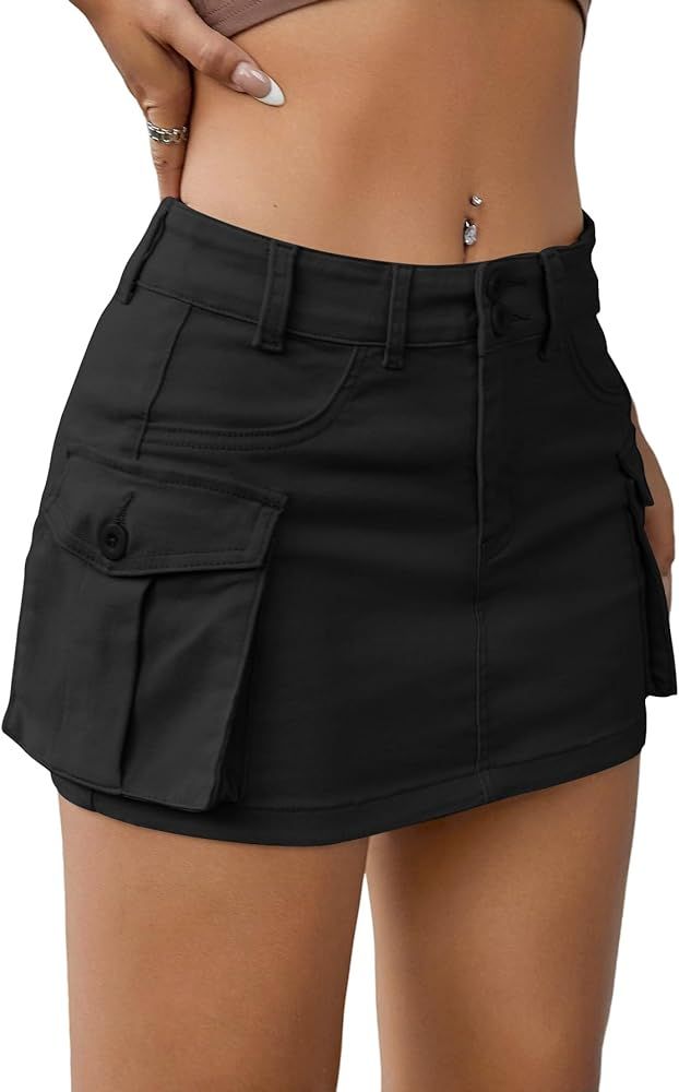 EARKOHA Women's Mini Cargo Skirt Y2K Low Waist Button Short Skirt Bodycon Denim Jean Skirt with F... | Amazon (US)