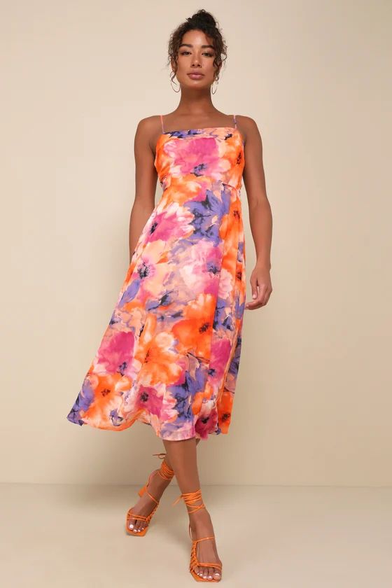 Orange and Purple Floral Chiffon Midi Dress | Tropical Dress | Tropical Vacation Outfits  | Lulus