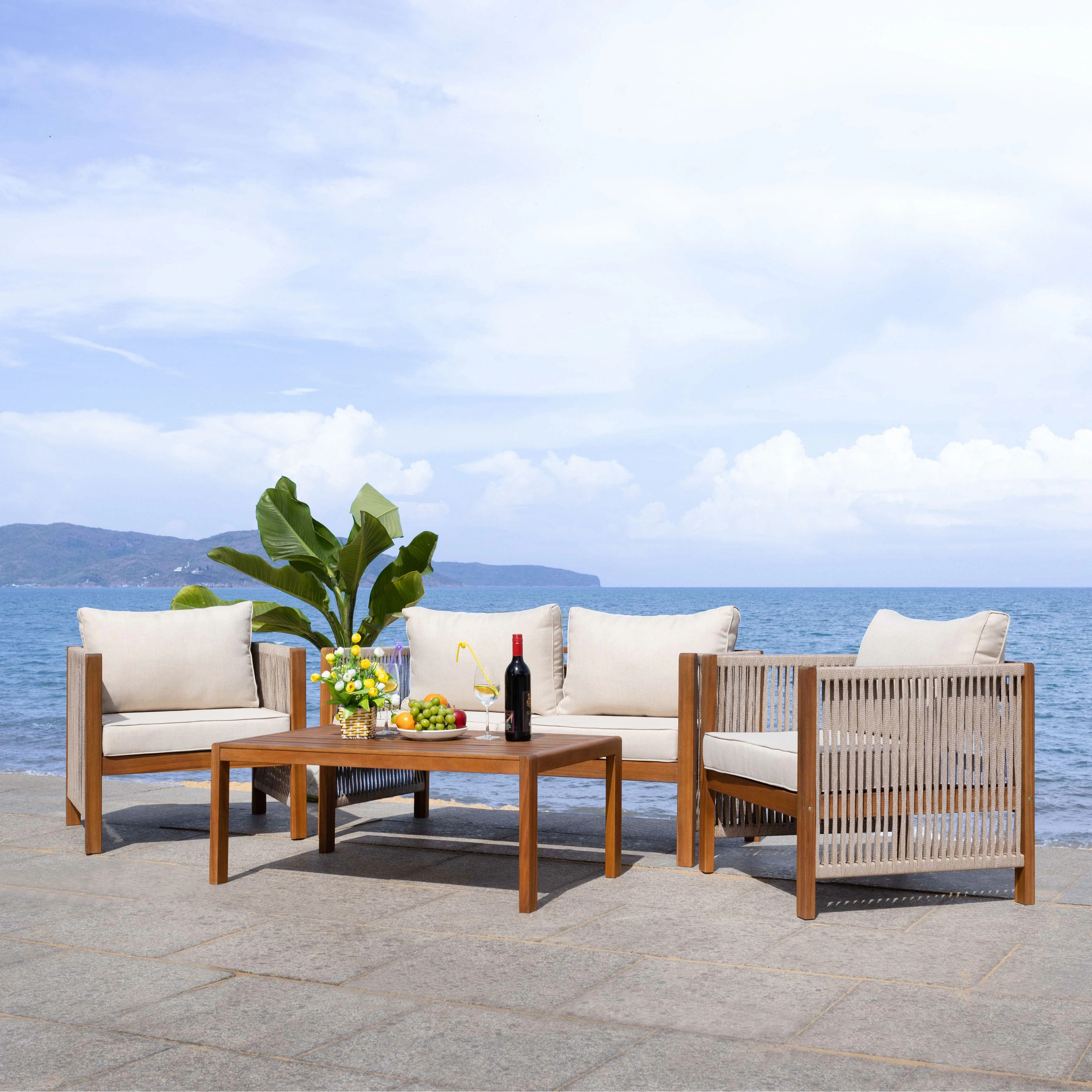 SAFAVIEH Outdoor Patio Furniture Roya 4-Piece Acacia Wood Set with Cushions and Coffee Table - 52... | Overstock