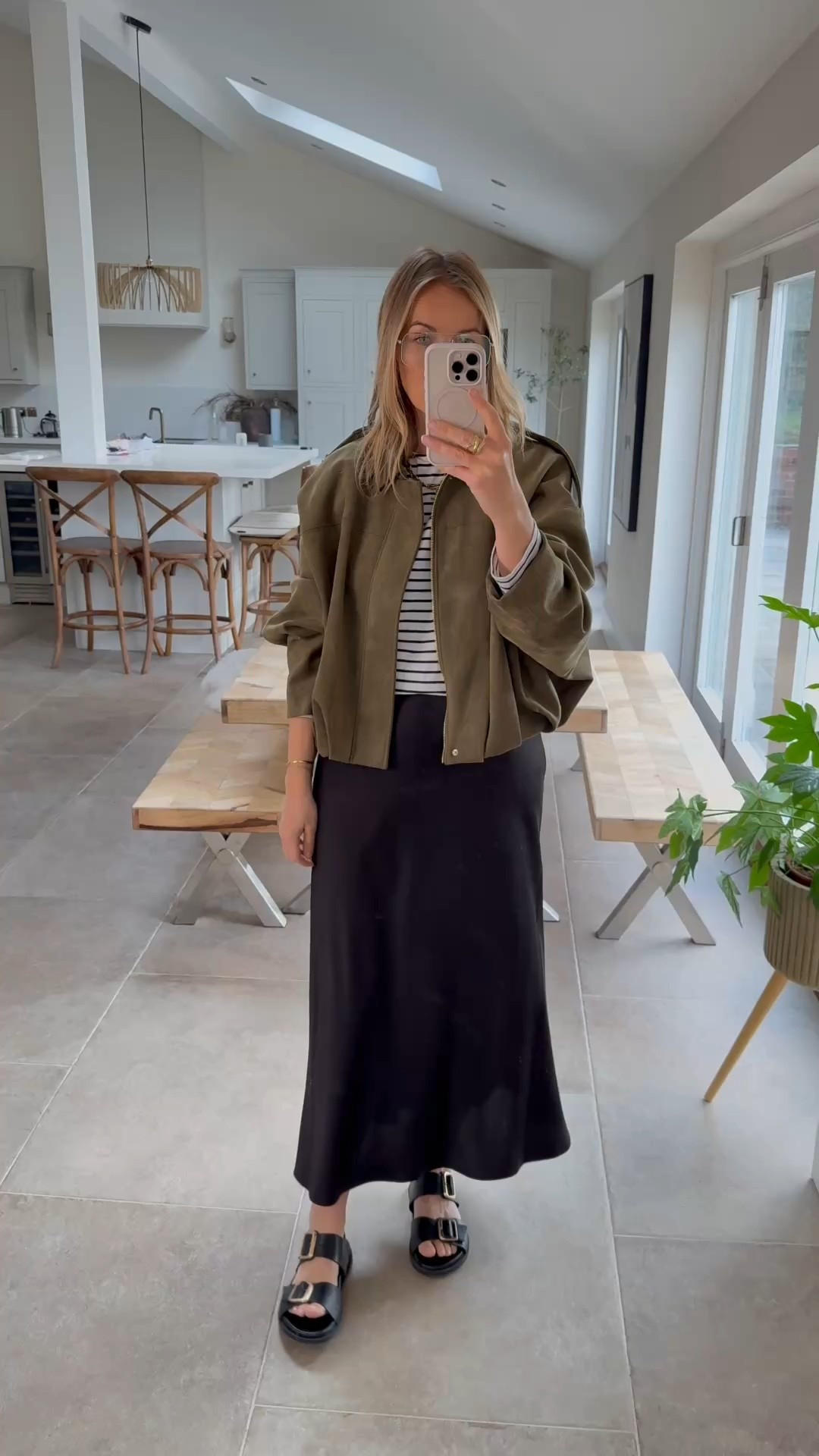 Spring skirt outfit 
The best value bias skirt out there 
Fantastic reviews , doesn’t cling, sold with a separate lining slip. Comes in other shades and a shorter length too. 

Sizes …
Jacket medium
Stripe top U.K. 12 
Skirt.  large 