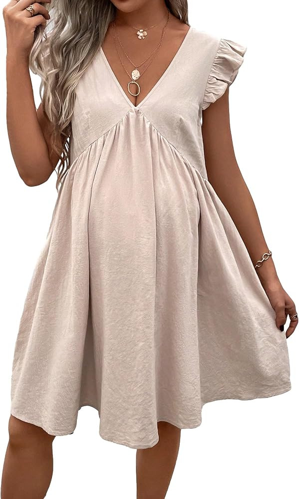 Verdusa Women's Maternity Cap Sleeve Ruffle Trim V Neck Tie Back Smock Short Dress | Amazon (US)