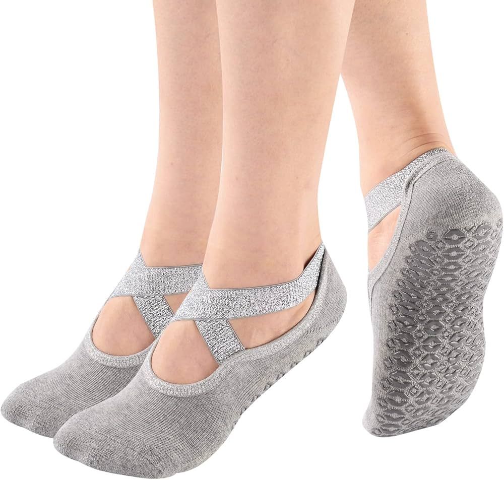 Women's Cushioned Anti Skid Non-Slip Grips Cotton Yoga Barre Pilate Home Socks,Size 4-7 | Amazon (US)