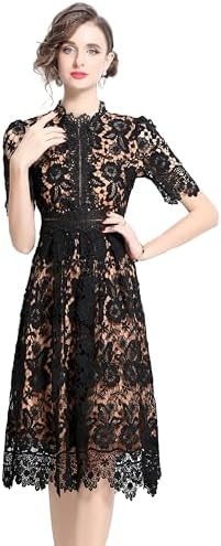 LAI MENG FIVE CATS Women's Short Sleeve Elegant Floral Lace Cocktail Party Swing Midi Dance Dress | Amazon (US)
